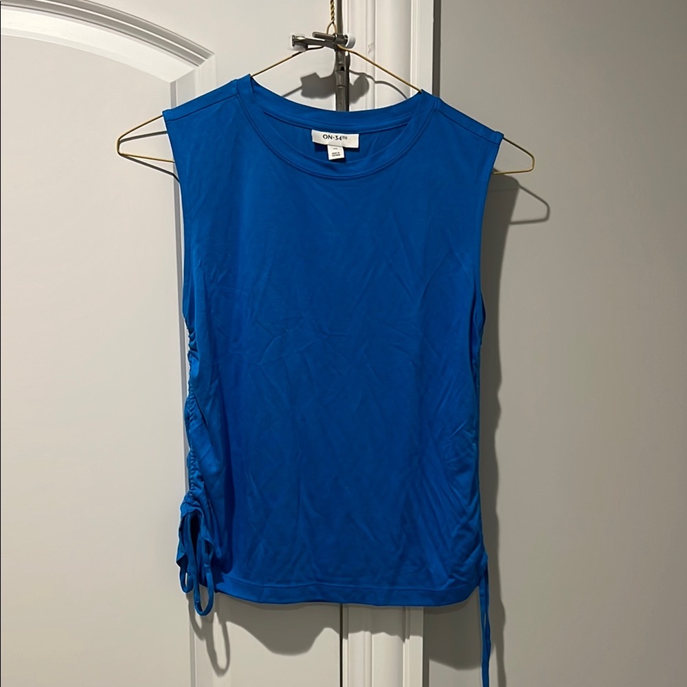 New York & Company Blue Ruched Tie Front Muscle Tee